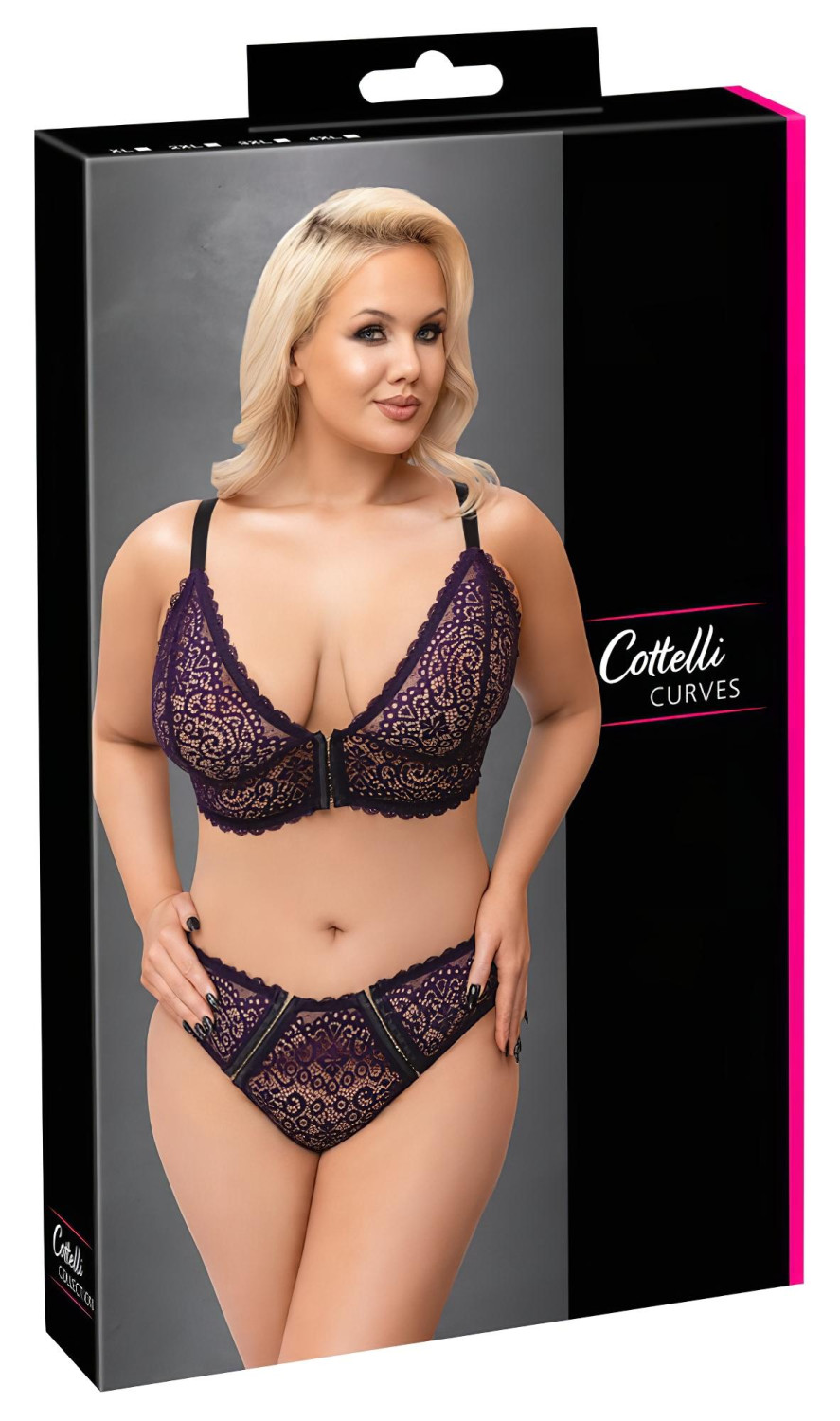 Cottelli Plus Size - průsvitný vzorovaný set podprsenky (fialový)