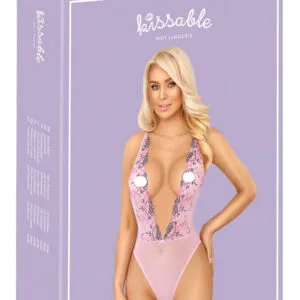 Kissable - erotické body s růžovou výšivkou - růžová - L/XL