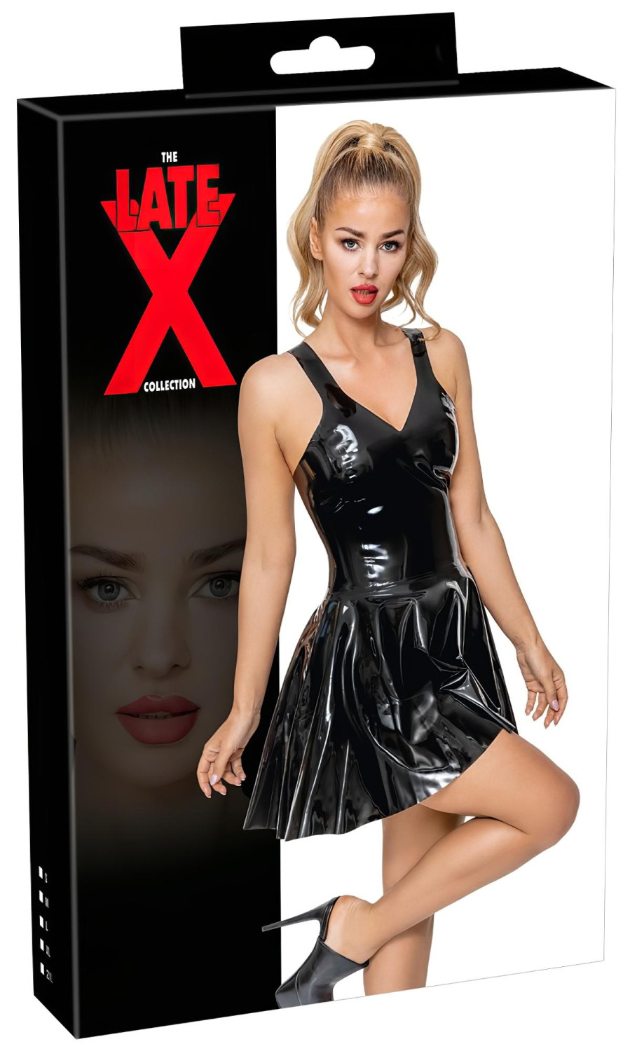 LATEX - mini šaty s volánovou sukní (černé) - XL