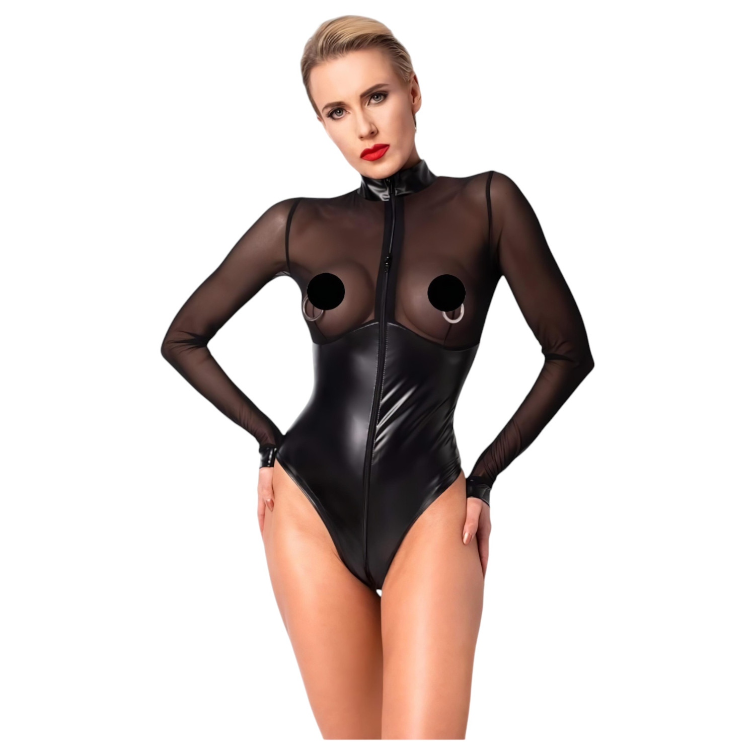 Noir - lesklé body s průhlednou vložkou - černé - XL