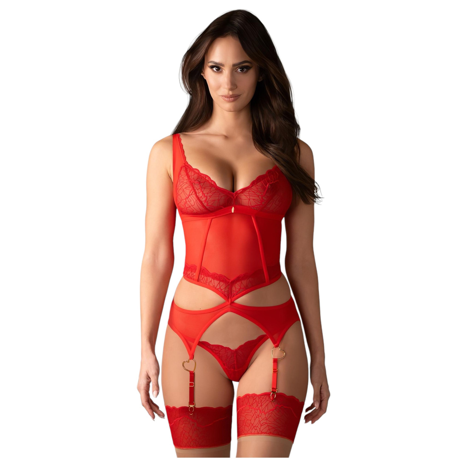 Obsessive - dámská sexy souprava - průhledná krajka - červená - L/XL