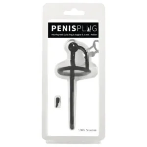 Penisplug - dilatátor na penis se silikonovým kroužkem na žalud - černý