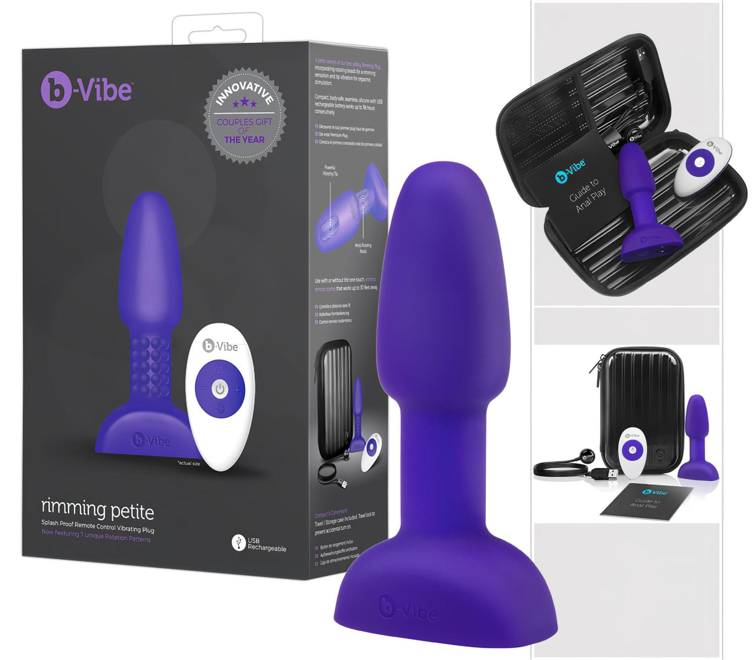 b-Vibe Rimming - fialový anální vibrátor s rotujícími perličkami