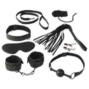 Baseks - sada na bondage s bičíkem a svorkami na bradavky (černá)