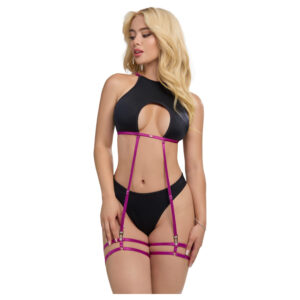 Zôf Zara - top s průstřihy a tanga s podvazkovými pásky (černé) - L/XL